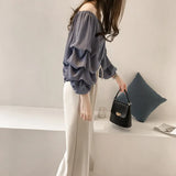 Fongt New Korean Version Of Temperament Word-Collar Shoulder Chiffon Shirt Women Loose Bubble Tops Thin Solid Color Bottom Shirt