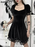 Dark Velvet Romantic Gothic Vintage Black Mini Dresses Women Lace ALine High Waist Emo Alt Clothes Pleated Partywear