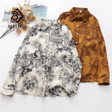 Women Vintage Ink Painting Print Chiffon Blouse Full Sleeve Button Up Turn Down Collar Shirt Casual Office Lady Autumn
