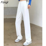 White Wide Leg Pants for Women High Waist Pockets Pants Loose Workwear Office Lady Female Black Trousers S-XL
