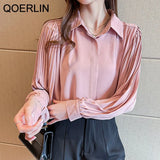 Pleated Sleeves Chiffon Blouse OL Lantern Sleeves White Shirts Blouse Women Plus Size Single-Breasted Top Shirts