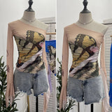 Fongt One-Shoulder Horn Long-Sleeved Mesh Yarn-Print T-Shirt With Short Tight Top 9915