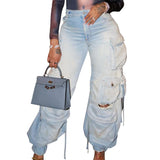 Fongt Hot Women's New Retro Casual Hole-Breaking Workwear Wide-Legged Multi-Bag
