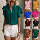 Fongt Women's Summer New V-Neck Casual Double-Layer Lotus Leaf Sleeve Solid Shirt Top