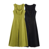 Fongt New Linen Solid Color Sleeveless Collar Fan Flute Dress 6962030