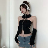 Zipper Knitted Crop Top with Sleeves High Street Sexy Backless Irregular Solid Color Camisole Women New-Outfit