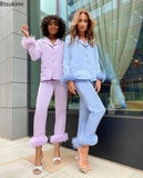 Satin Women Pajamas 2 Piece Set Sleepwear with Feather Cuff Soft Elgant Pajamas Women Nightgown Luxury Ladies'