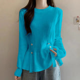 O-Neck Knitted Blouse Female Clothing Slim Waist 2023 Autumn Winter Long Sleeve Fashion Button Spliced Solid Color Shirt-Outfit