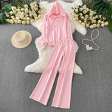 Fongt Wind Pink Tie With Thin Hooded Knitted Long-Sleeved Sweater High-Rise Broad Leggings Embroidery Set