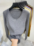 Photos U-neck Knitted Sweater For Women's Autumn Long Sleeved Top Girls Simple Base Jumper GT8311-Outfit