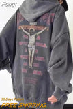 Gothic Jesus Print Oversize Hoodie Women Vintage Harajuku White Crewneck Sweatshirts Pullover Female Mall Goth