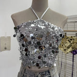 Fongt Industry Bling Bling Glide Hanging Neck Sling Vest One-Style Wrapping Tie With Large Bare Back Blouse 1083