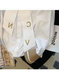 England Style Long Sleeve Blouses For Women 2023 Bow Letter Tee White Single Breasted V-neck Loose Boyfriend