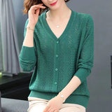 Fongt Summer Empty Hollow Coat Casual Long Sleeve Loose Knit Cardigan Women's V-Neck Thin Top-Outfit