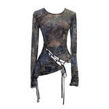 Irregular Tie With Lotus Leaf Side Tie Print Mesh Yarn Perspective Sunscreen Shirt T-Shirt T-Shirt Short T-Shirt