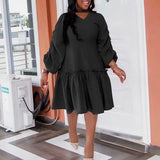 Elegant Midi Dress 2022 VONDA Casual Solid Color V Neck Party Dresses Beach Puff Sleeve Ruffled Hem Vestido