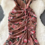 Fongt Retro Niche Design Drawstring Print V-Neck Dress Summer Women's Pocketed Fishtail Skirt Tide