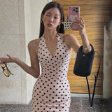 Fongt Summer Women's New Hottie Sexy Black Wave Dot Print Spread Out Back V Collar Hanging Neck Tight Vest