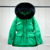 Huge Real Raccoon Fur Hooded Waterproof Winter Duck Down Jacket Women Fashion Female Parkas Sash Tie Up Puffer