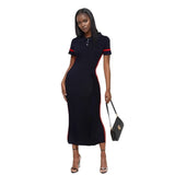 Fongt Large-Size Dress Collar Faish Short-Sleeved Striped Dress Peter Pan Collar High Waist