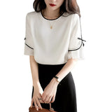 Fongt Folded Spliced Bow Round Collar Shirt Women's New Summer Yang Ramming Edge Professional Tops Thin