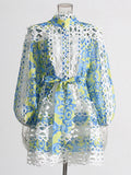 Spring 2025 Small Fashion Temperament Round Tie Collar To Collect Waist Thin Design Lantern Sleeve Short Dress