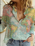 Fongt Women's Clothing 2025 Summer New Shirt Fashion Map Depicts Printed Long-Sleeved Top Women