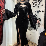Halloween New Women's Dress Suit Hat Horn Sleeve Spider Web Dress-Outfit