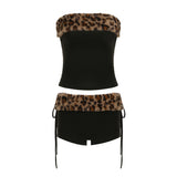 Fongt Of Sexy Folded Short Bra Vest Drawstring Low-Rise Shorts Leopard Hair Spliced Two Sets
