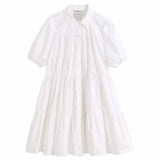 simply solid color casual white shirtdress office lady puff sleeve pleats vestidos chic leisure big swing dresses