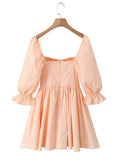 Fongt Sweet Style Dress Women 2025 New Square Collar Bubble Sleeve Splicing Design Folds High-End Short