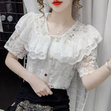 Embroidery Lace Chiffon Blouse Women 2023 Fashion Beading Shirt Tops Ruffles Korean Floral Peter Pan Collar Clothes