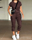 Women's Solid Color Round Collar Top Multi Pocket Jog Pants Set-LZS7514-Outfit
