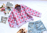 Dark Fashion Argyle Printing E-girl Sweaters Gothic Single Breasted Button Front Caridigan V-neck Color Blocking
