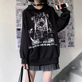 Gothic Emo Anime Print White Hoodies Women Harajuku Streetwear Oversize Long Sleeve Pullover Female Black