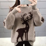 Autumn Winter New Cartoon Christmas Elk Casual Knitted Sweaters Commute Elegant Solid Color Thick Warm Chic O-Neck Jumpers-Outfit