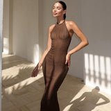 Fongt Summer New Knitted Neck Sleeveless Long Dress Solid Color Tight Sexy Bare Back Dress Woman