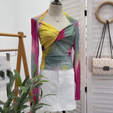 Fongt Tie-Dye-Print Long Sleeve Bottom Sexy Hottie V-Neck T-Shirt Folded Slimming Mesh Yarn Top 8929