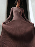 Fongt New Women's Pure-Colored Round-Neck Long Sleeves To The Wooden Ear Dress