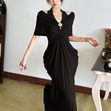 Fongt Summer Fashion Trend Women's New V-Necked Bare Back Mesh Splicing Body And Hip Dress