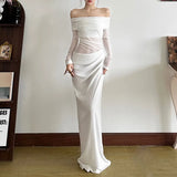 Fongt 2025 New Women's Temperament Sexy Shoulder Mesh Perspective Long Dress Dress Woman