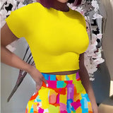 Fongt Women's Round Collar Short-Sleeved T-Shirt Wrapped Hip Skirt Print Leak Umbilical Slim Sexy