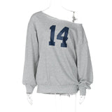 Number Printed One Shoulder Loose Sweatshirt-Outfit