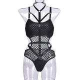 Dark Gothic Fishnet Sexy Bodycon Halter Bodysuits Women Grunge Punk Hollow Out Nightclub Lingerie Patchwork Emo Alt