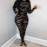 Nightclub Zebra Print Mesh See-through Patchwork Rompers Fall Winter Long Sleeve Flocking Black Jumpsuit Women Party