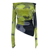 Fongt Dyed Printed Shoulder T-Shirt Design Sense Irregular Open Fork Thin Mesh Long Sleeve Top 8958