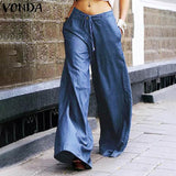 Loose High Waist Trousers VONDA Women 2022 Spring Solid Wide Leg Pants Casual Female Denim Pants Vintage Pockets Pantalon