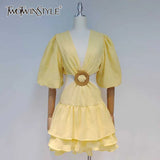 TWOTWINSTYLE Yellow Hollow Out Sexy Dress For Women V Neck Lantern Half Sleeve High Waist Patchwork Mini Dresses Female 2022