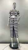 New Black And White Striped Bandage Skirt Fashion Show Shoulder Dress Two Sets Of High Street Party