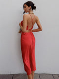 Maxi Dress Women Satin Backless Pile Collar Spaghetti Strap Evening Sexy Elegant Party Outfits Floor Length y2k